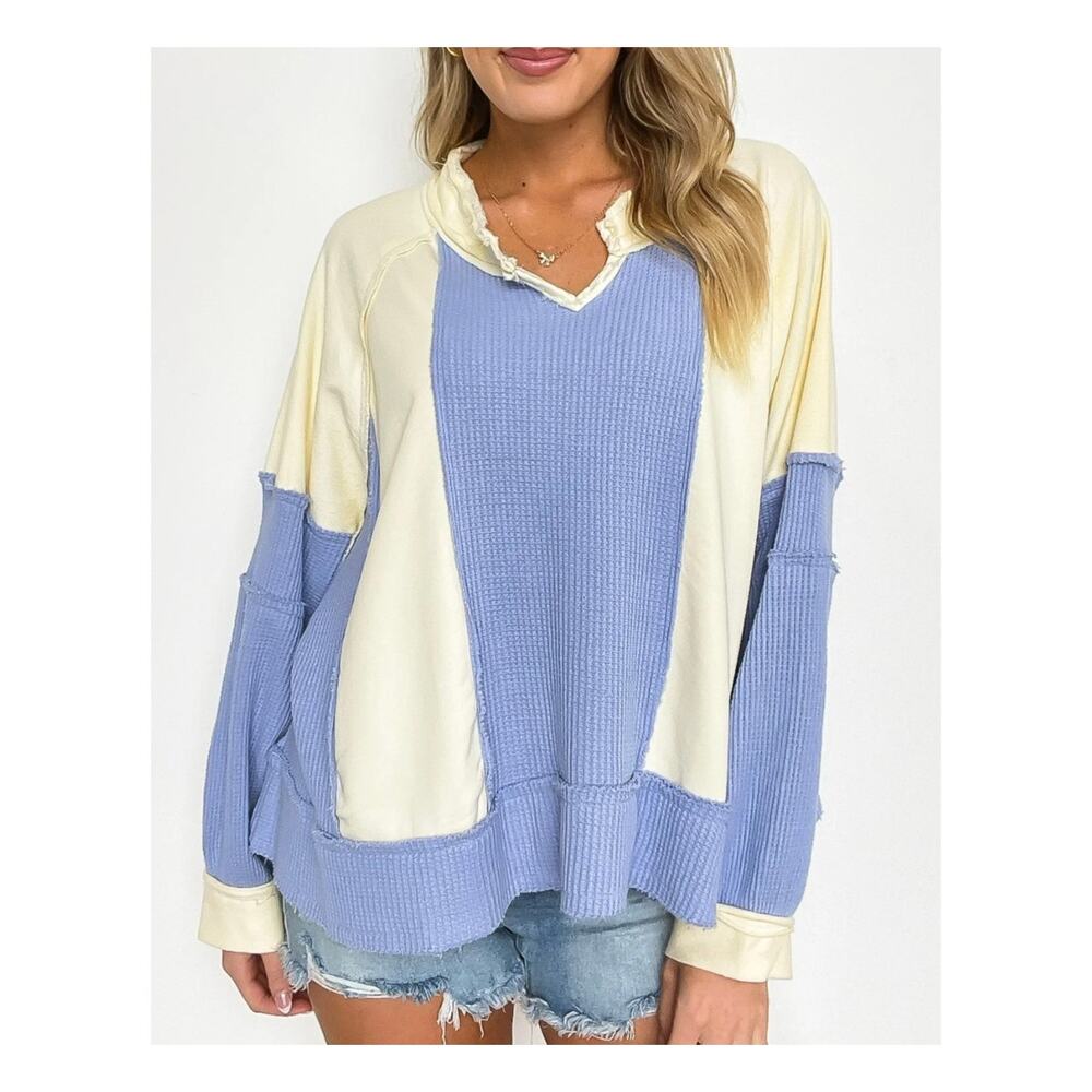 POL Colorblock Thermal Top Small Blue Cream Raw Edge Waffle Knit Boho Pullover